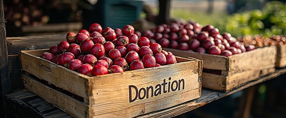 Donation of apples in wooden crates