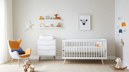 Bright and airy nursery featuring a minimalist white crib shelves with decorative items and a comfortable orange chair for relaxing moments with the baby
