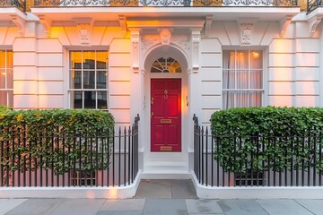 A charming London house with a classic brick exterior, a stylish front door, and a lush garden, embodying traditional British architecture.