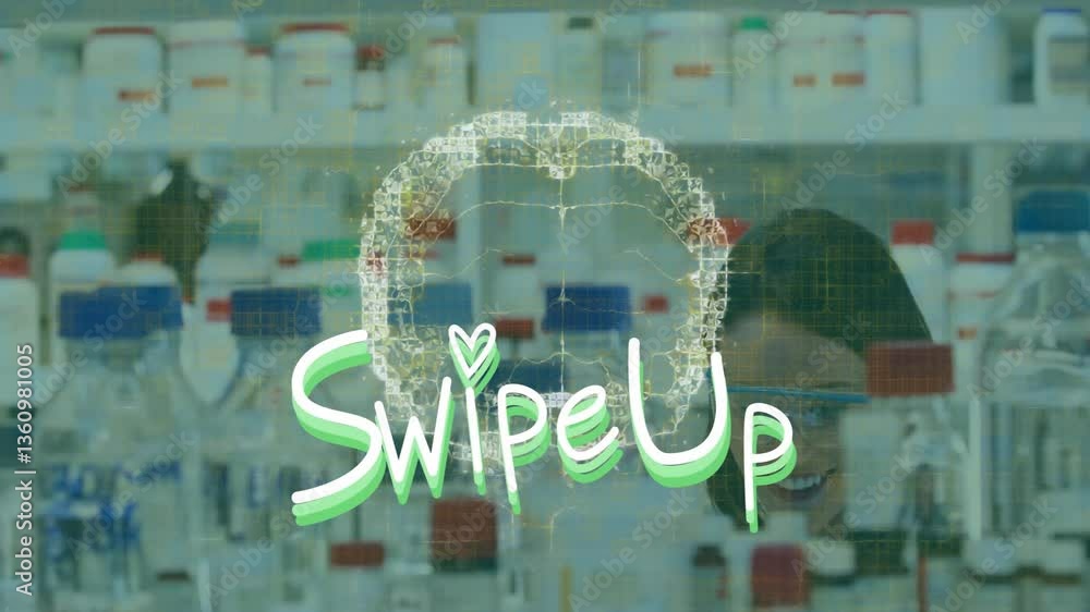 Poster swipe up text animation over laboratory scene with scientist working