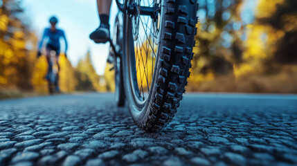 Naklejka premium Sleek road bike tire on smooth asphalt, blurred cyclist in background, embodying speed and efficiency.