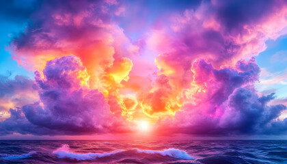 Obraz premium Vibrant sunset over ocean, colorful cloudscape