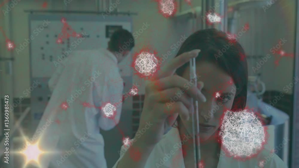 Poster in laboratory, scientists conducting virus experiments with animation overlay
