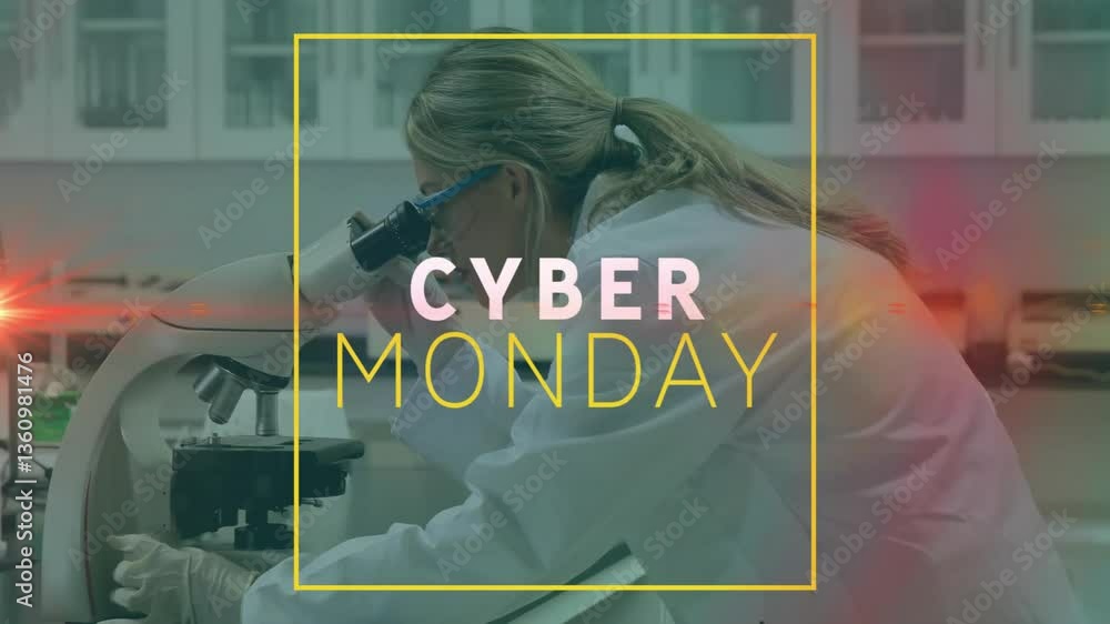 Poster in laboratory, scientist using microscope with cyber monday animation overlay