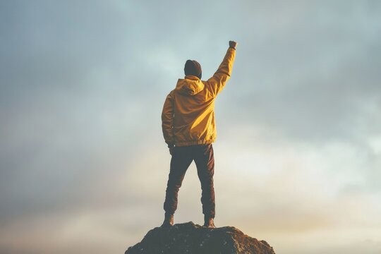 Man Reaching Top Celebrating Success on Mountain Peak with Cloudy Sky - Powered by Adobe