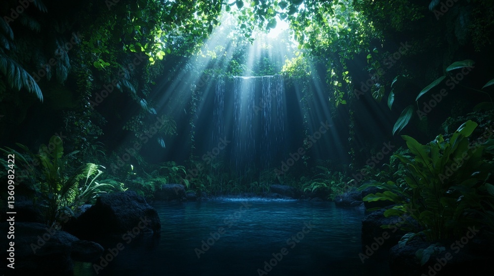 Poster sunbeams illuminate a hidden waterfall cascading into a tranquil jungle pool.