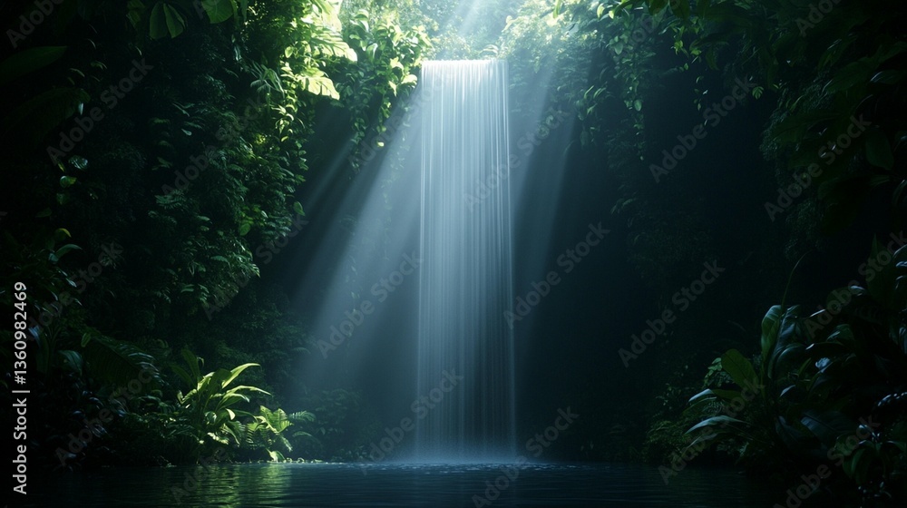 Poster sunbeams illuminate a hidden waterfall cascading into a tranquil pool within a lush, green jungle ra