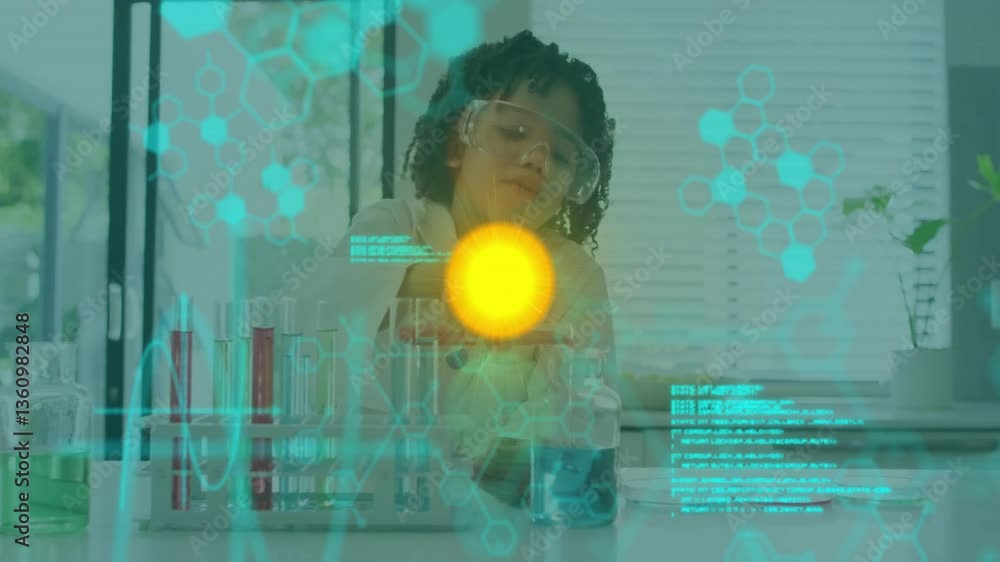 Poster in laboratory, scientist working with test tubes and animation of digital data