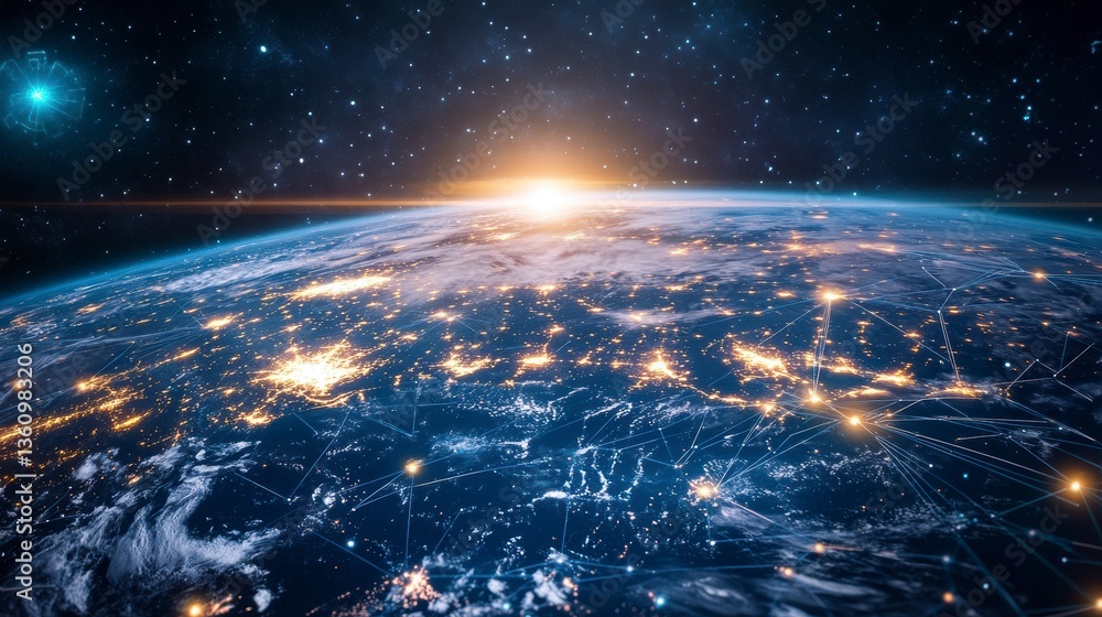 Poster earth at sunrise with glowing network connections illustrating global communication and interconnect