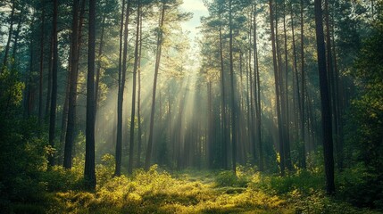 Fototapeta premium Sunbeams illuminate a misty pine forest path.