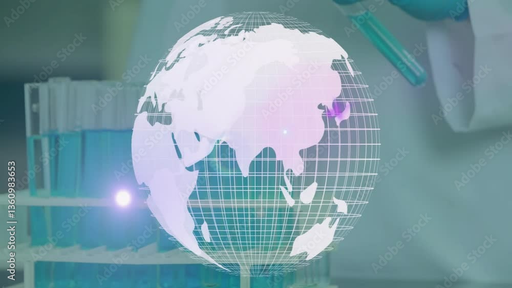 Poster globe animation over laboratory setting with test tubes and scientist working