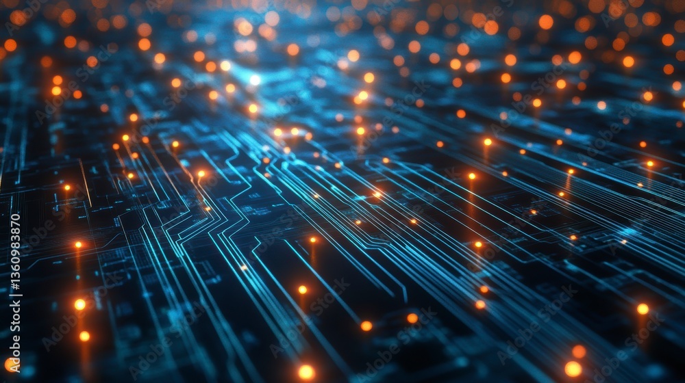 Poster Abstract digital circuit board with glowing nodes and lines, representing data flow and connectivity.