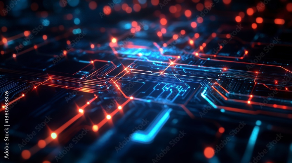 Poster Abstract digital circuit board with glowing lines and nodes.