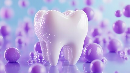 A shiny white tooth sits amid floating violet spheres