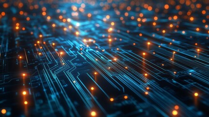 Abstract digital circuit board with glowing nodes and lines, representing data flow and connectivity.