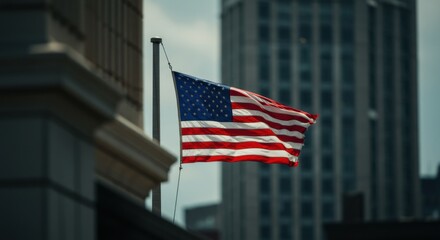 Fototapeta premium American Flag in City Scene