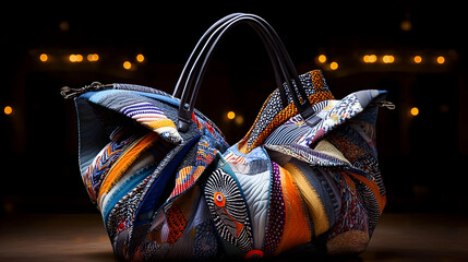 Colorful Fabric Handbag with Intricate Design on Dark Background
