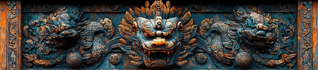 a close-up shot of a wooden temple gate with intricate carvings,