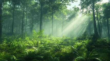 Fototapeta premium Sunbeams pierce a misty, lush green forest, illuminating ferns and tall trees.
