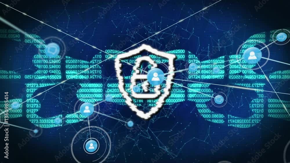 Aufkleber animation of digital security shield with lock over binary code and user icons