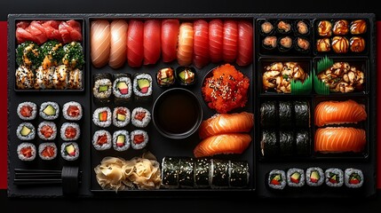 Extensive Sushi Platter on Black Tray