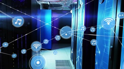 In server room, animation of music icons and data connections networking - Powered by Adobe