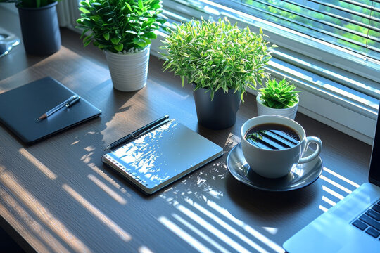 stylish professional flat lay of office essentials featuring cup of coffee, notebooks, and potted plants, creating serene workspace atmosphere with natural light