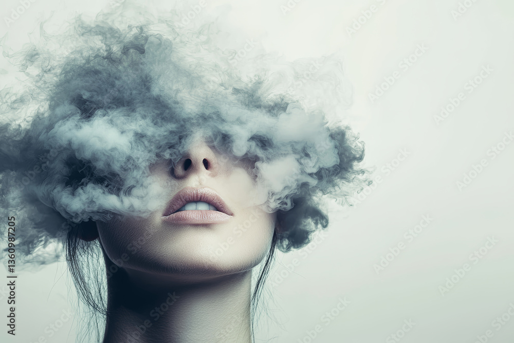 Poster surreal depiction of person face partially obscured by smoke, creating ethereal and dreamlike atmosp