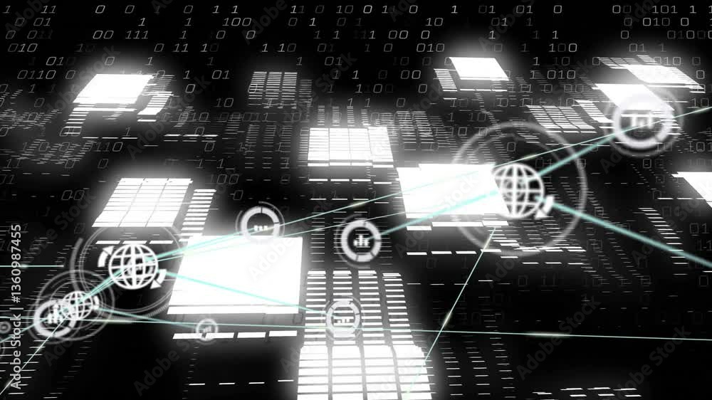 Poster digital data and binary code animation over abstract geometric shapes and grids