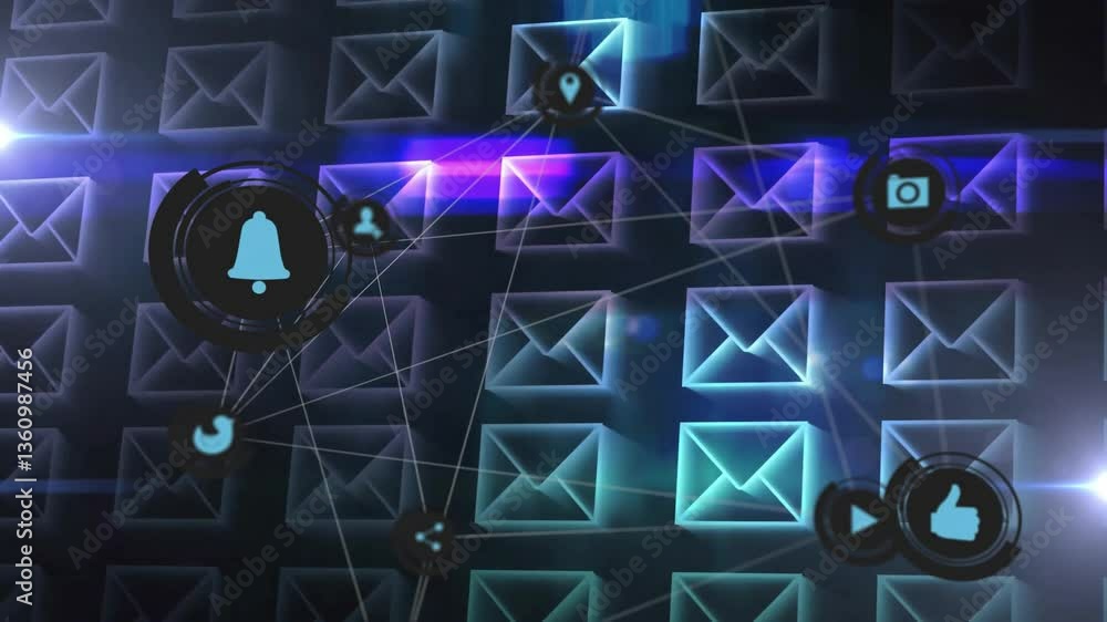 Poster animation of digital communication icons and network connections over envelope symbols
