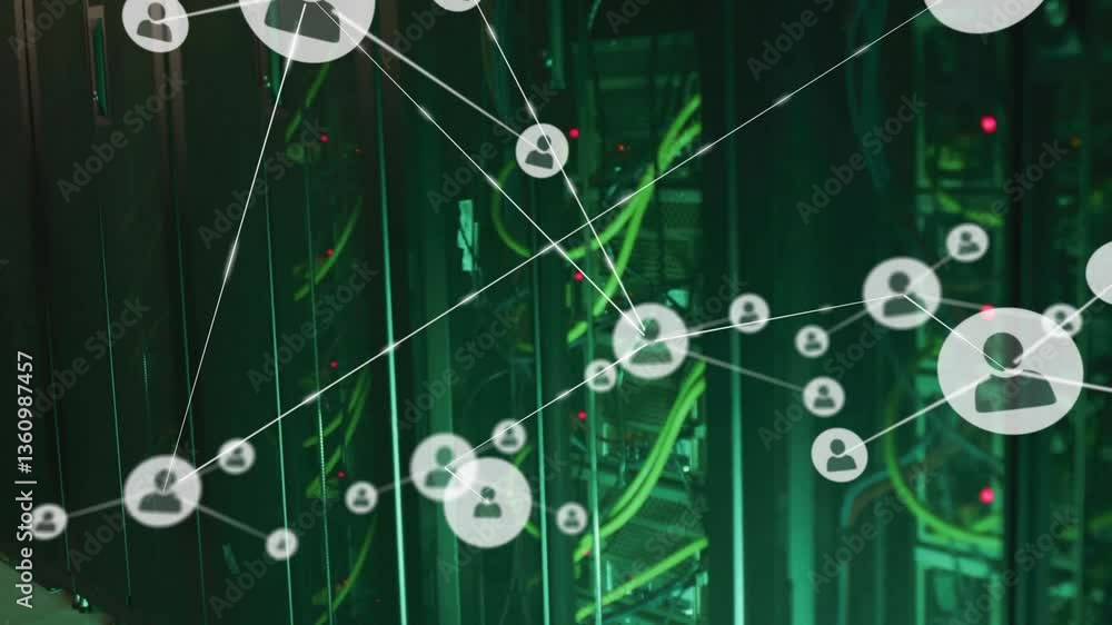 Poster network of connections and data processing animation over server room equipment