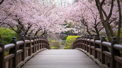 Obraz premium Wooden bridge pathway through blossoming cherry trees in a tranquil garden.