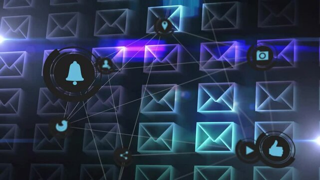 Animation of digital communication icons and network connections over envelope symbols