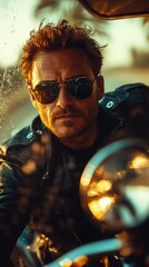 Focused biker stares through windshield