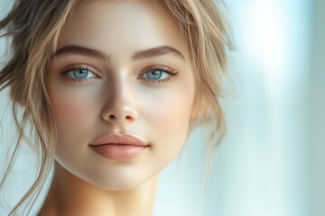 Close-up portrait of a serene young woman with captivating blue eyes.