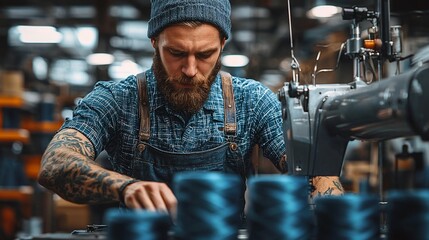 Focused worker sewing in a factory