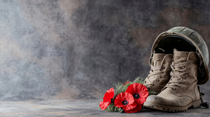 Tribute to veterans with weathered boots and red poppies for memorial day remembrance