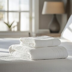 Folded towels on a bed in a bright room