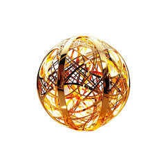 A golden sphere of interwoven threads, a mesmerizing dance of light and shadow, showcasing intricate artistry in a radiant, three-dimensional design.