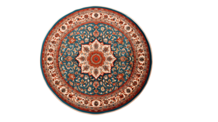 Overhead view of a circular ornate rug with floral design