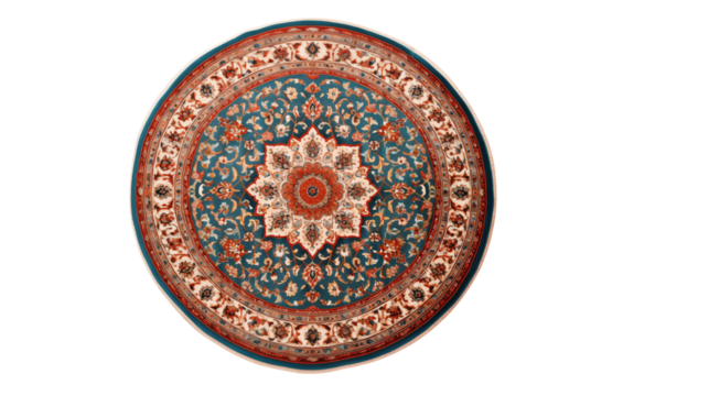 Overhead view of a circular ornate rug with floral design
