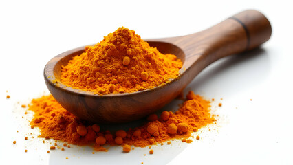 Vibrant Orange Turmeric Powder Traditionally Displayed in Hand-Carved Indian Wooden Spoon on White Background