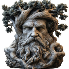 Stone visage entwined with ancient tree branches, a nature deity bust