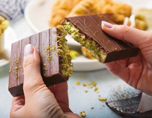 Mains de femme qui cassent du chocolat Dubaï, fourré à la pistache, gros plan.