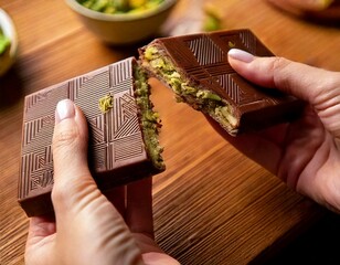 Mains de femme qui cassent du chocolat Dubaï, fourré à la pistache, gros plan.