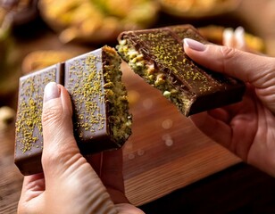 Mains de femme qui cassent du chocolat Dubaï, fourré à la pistache, gros plan.