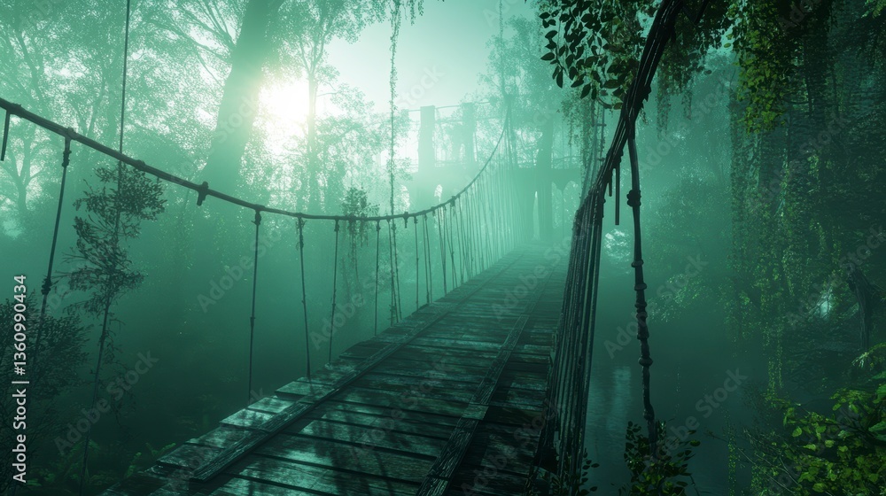 Poster Mystical rope bridge in a foggy jungle, leading into the unknown.