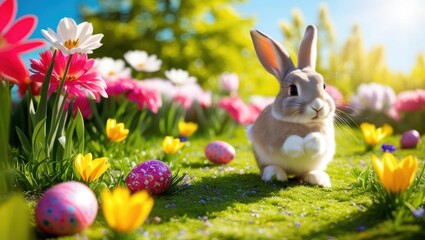 Fototapeta premium Adorable Rabbits With Colorful Easter Eggs In A Vibrant Spring Meadow. A Joyful Holiday Scene Symbolizing Celebration, Renewal, And The Spirit Of Easter Festivities.