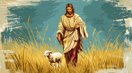 Jesus walking in golden field with sheep, symbolizing guidance and care. serene landscape evokes sense of peace and connection to nature