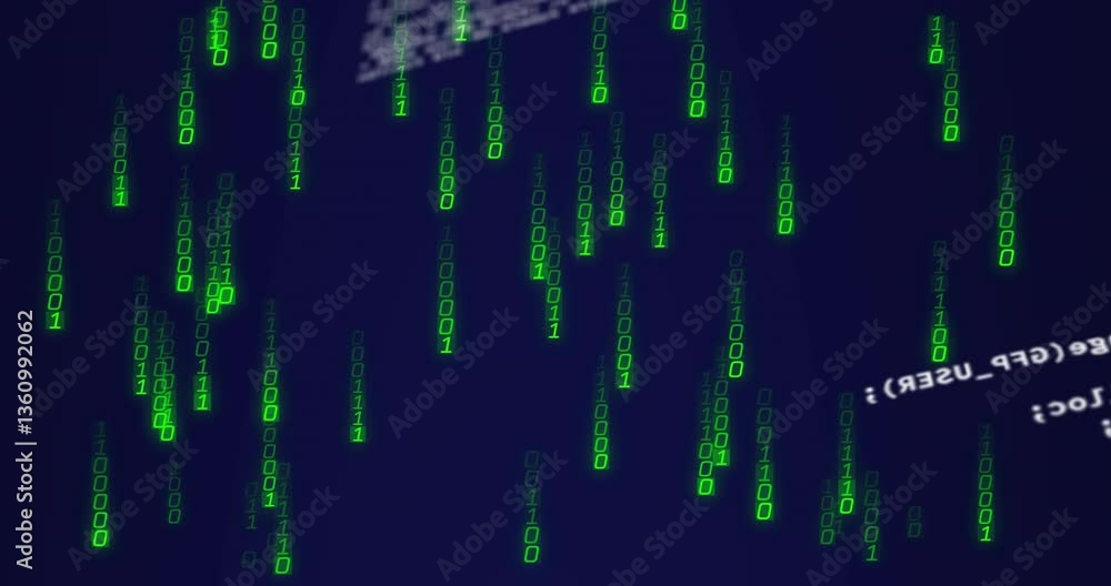 Poster Green binary code and programming text animation over dark blue background